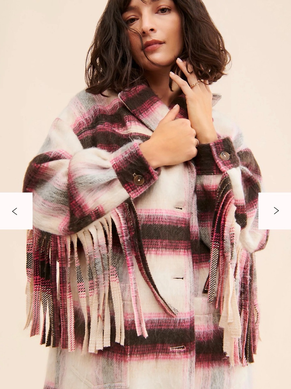 Free People Pink, Cream & Brown Fringed Plaid Jacket